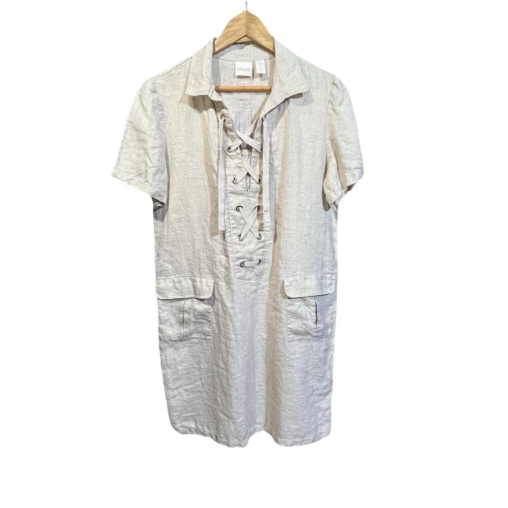 Chico’s Lace Up Linen Dress Womens 1.5 / M Beige Shimmer Minimalist Beachy